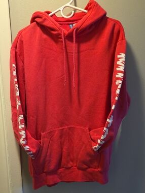 H&M Red Pullover Hoodie with White Sleeve Graphics